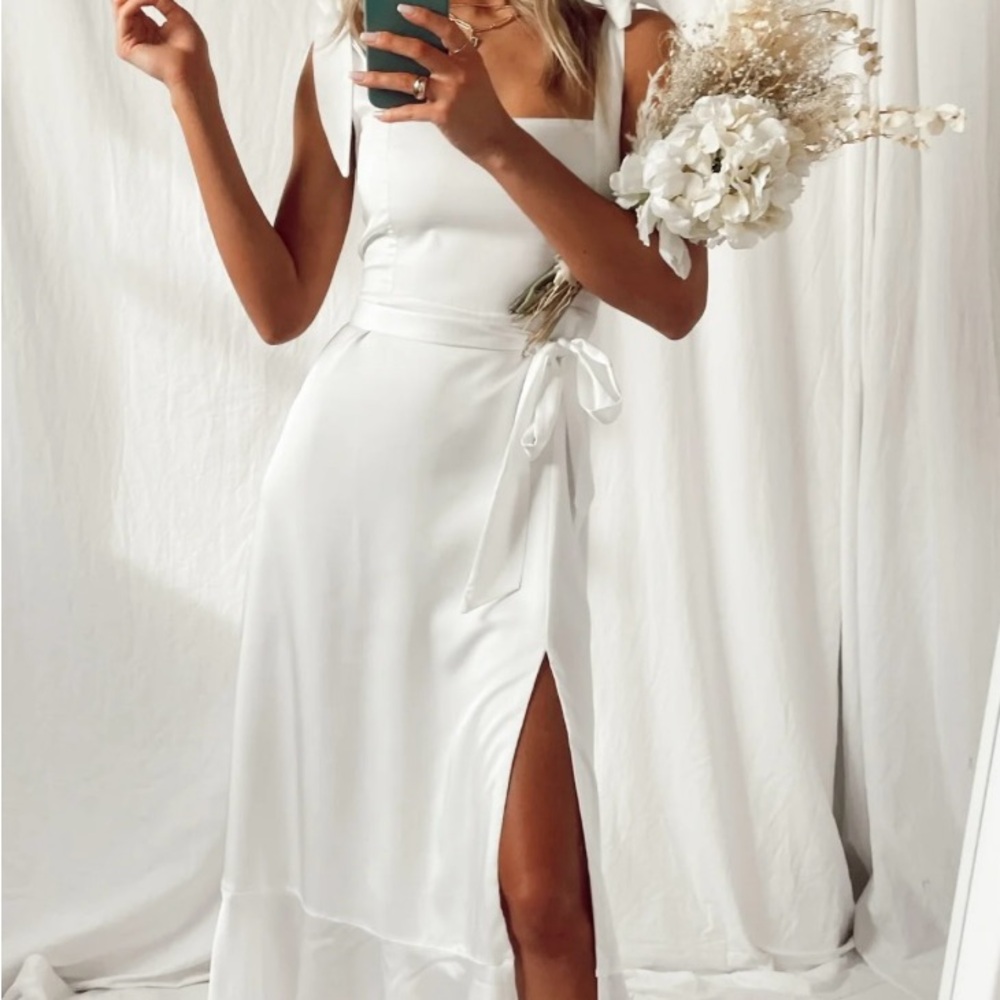 Show Me Your Mumu White Satin Midi Dress